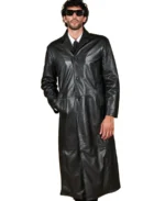 Men's Black Long Leather Coat Front - Trendy Leather Jackets
