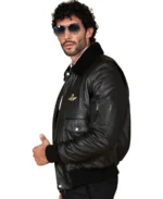 Wrinkled Shearling Collar Bomber Leather Jacket - Image 4