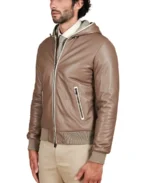 Men's Taupe Hooded Bomber Leather Jacket Side - Trendy Leather Jackets