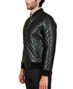 Men's Diamond Quilted Black Bomber Leather Jacket Side