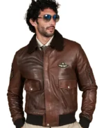 Wrinkled Shearling Collar Bomber Leather Jacket - Image 5