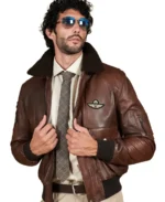 Wrinkled Shearling Collar Bomber Leather Jacket - Image 7