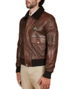 Wrinkled Shearling Collar Bomber Leather Jacket - Image 8