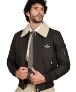 Wrinkled Shearling Collar Bomber Leather Jacket Dark Brown