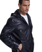Adrian Black Hooded Leather Jacket Closeup - Trendy Leather Jackets