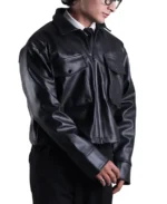 Classic Black Cropped Leather Jacket Side - Trendy Leather Jackets