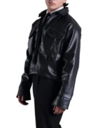 Classic Black Cropped Leather Jacket Side View - Trendy Leather Jackets