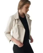 Cordelia Beige Biker Leather Jacket Closeup - Trendy Leather Jackets