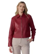 Women Red Leather Jacket Front - Trendy Leather Jackets