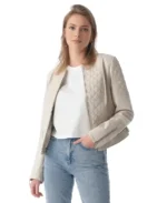 Edith Women Beige Leather Jacket Front - Trendy Leather Jackets
