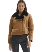 Eloise Brown Shearling Leather Jacket Front - Trendy Leather Jackets