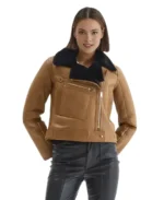 Eloise Brown Shearling Leather Jacket Front - Trendy Leather JacketsView