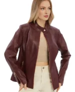 Elspeth Women Burgundy Leather Jacket Closure - Trendy Leather Jackets