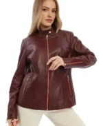 Elspeth Women Burgundy Leather Jacket Front - Trendy Leather Jackets