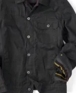 Men's Black Flannel Trucker Jacket Closeup - Trendy Leather Jackets