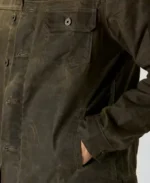 Men's Olive Flannel Trucker Jacket Closeup - Trendy Leather Jackets