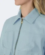 Flora Sky Blue Leather Jacket Closeup - Trendy Leather Jackets