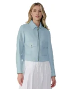 Flora Sky Blue Leather Jacket Side - Trendy Leather Jackets