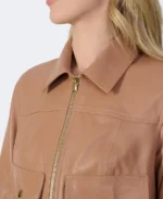 Flora Women Light Brown Leather Jacket Closeup - Trendy Leather Jackets