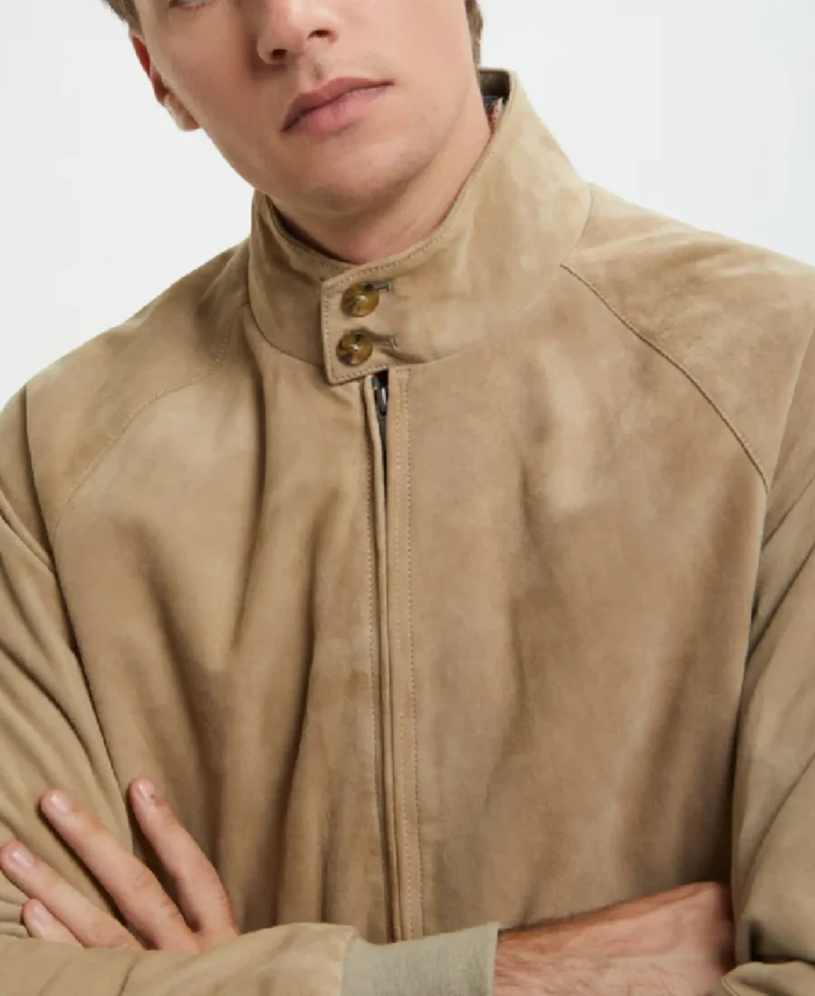 G9 Beige Suede Jacket Closeup - Trendy Leather Jackets