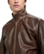G9 Chocolate Brown Bomber Jacket Closeup - Trendy Leather Jackets