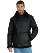 George Black Shearling Leather Jacket Front - Trendy Leather Jackets