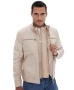 Henry Patterned Cream Leather Jacket Closeup - Trendy Leather Jackets