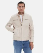 Henry Patterned Cream Leather Jacket Front - Trendy Leather Jackets