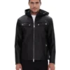 Black Men's Hooded Leather Jacket - Trendy Leather Jackets