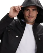 Black Men's Hooded Leather Jacket Closeup - Trendy Leather Jackets