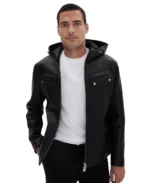 Black Men's Hooded Leather Jacket Front - Trendy Leather Jackets
