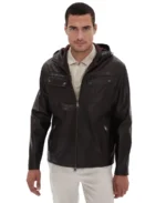 Dark Brown Men's Hooded Leather Jacket Front - Trendy Leather Jackets