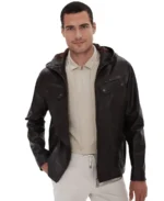 Dark Brown Men's Hooded Leather Jacket Front View - Trendy Leather Jackets