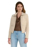 Isabella Beige Suede Jacket Front - Trendy Leather Jackets
