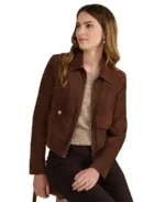 Isabella Dark Brown Suede Jacket Front - Trendy Leather Jackets