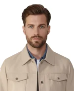 Jude Beige Leather Jacket Closeup - Trendy Leather Jackets