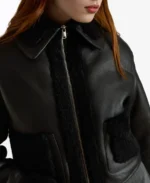 Julia Black Bomber Leather Jacket Closeup - Trendy Leather Jackets