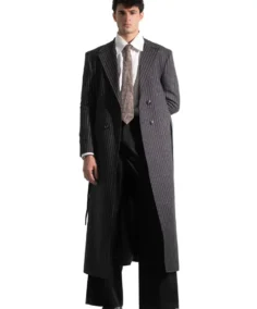 Men's Charcoal Black Pinstripe Long Coat - Trendy Leather Jackets
