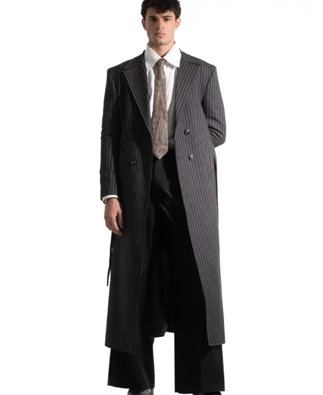 Men's Charcoal Black Pinstripe Long Coat - Trendy Leather Jackets