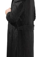 Men's Charcoal Black Pinstripe Long Coat Belt - Trendy Leather Jackets