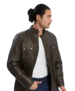Men's Dark Brown Bomber Leather Jacket Front - Trendy Leather Jackets