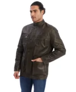 Men's Dark Brown Bomber Leather Jacket Front View - Trendy Leather Jackets