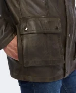 Men's Dark Brown Bomber Leather Jacket Pocket - Trendy Leather Jackets