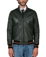 Men's Dark Green Natural Bomber Leather Jacket - Trendy Leather Jackets