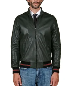 Men's Dark Green Natural Bomber Leather Jacket - Trendy Leather Jackets