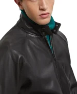 Men's G9 Black Leather Jacket Closeup - Trendy Leather Jackets