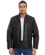 Men's Solid Black Biker Leather Jacket Front - Trendy Leather Jackets