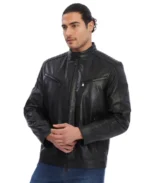 Men's Solid Black Biker Leather Jacket Front View - Trendy Leather Jackets