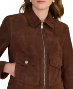 New Isabella Dark Brown Suede Jacket Closeup - Trendy Leather Jackets