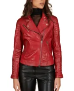 Women Red Quilted Biker Leather Jacket Front - Trendy Leather Jackets